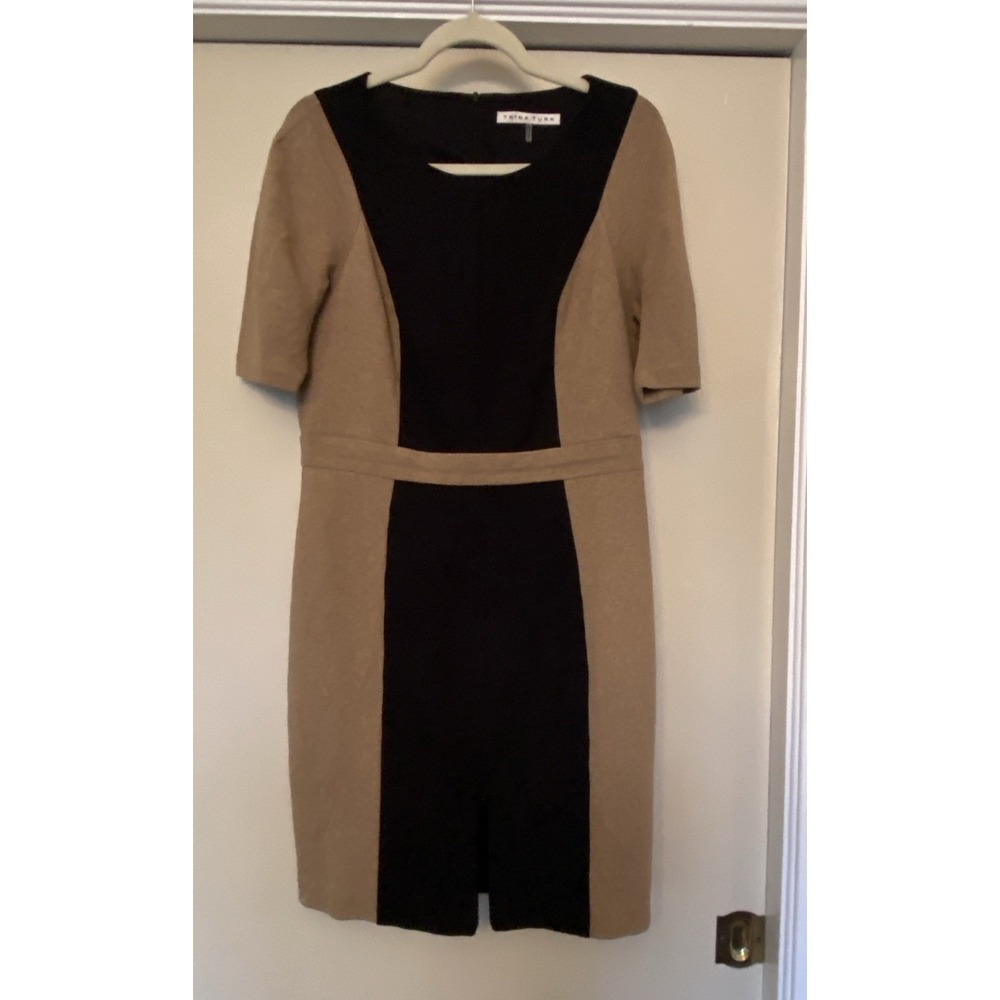 TRINA TURK Black & Camel Color Block Viscose Blend Dress $278 Sz 12